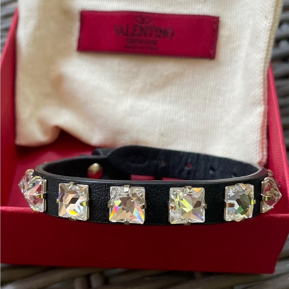 Valentino Garavani Swarovski Rockstud Crystal Black Leather Bracelet.